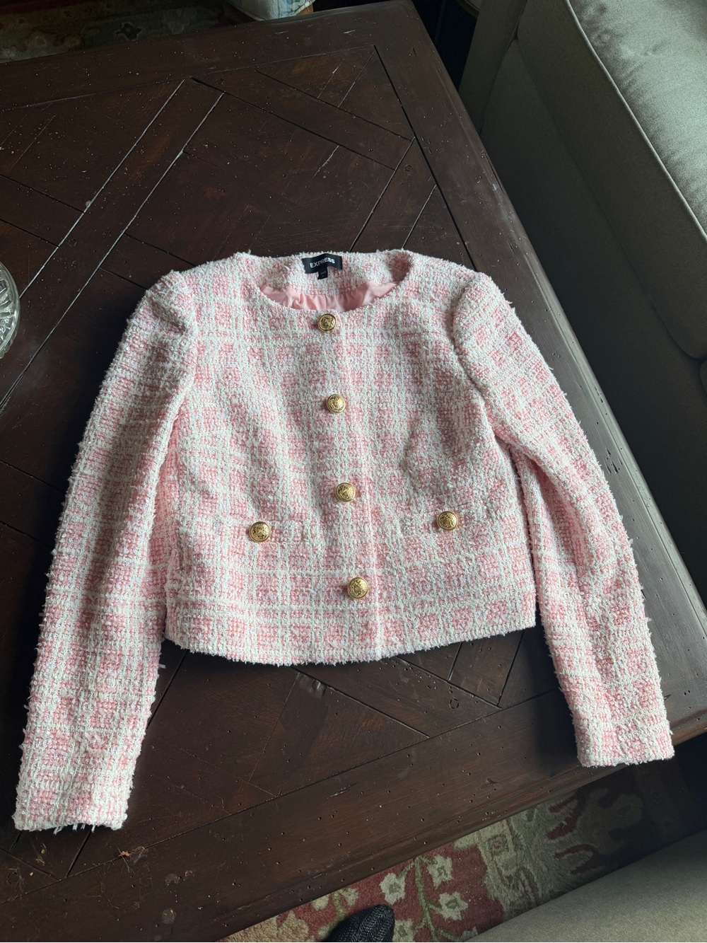 Express Pink Tweed Cropped Blazer with Gold Buttons